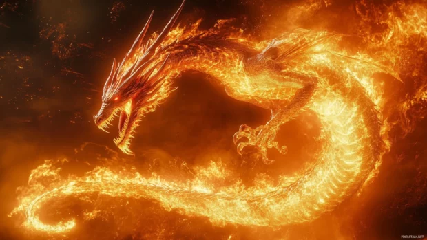 A fire Japanese dragon emerging from a blazing inferno, its scales glowing red and orange, with flames dancing around its body in a dynamic swirl.