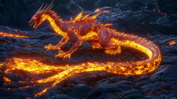 A fire dragon 4K desktop wallpaper from a lava pit, its entire body ignited with flames, as molten lava flows beneath its feet.