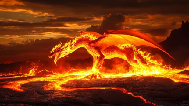 A fire dragon emerging from a lava pit, its entire body ignited with flames, as molten lava flows beneath its feet.