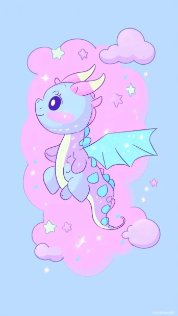 A friendly dragon with rainbow colored scales, flying gently with sparkles trailing behind.