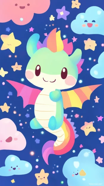 A friendly dragon with rainbow colored scales, flying gently with sparkles trailing behind, surrounded by smiling clouds and shining stars.