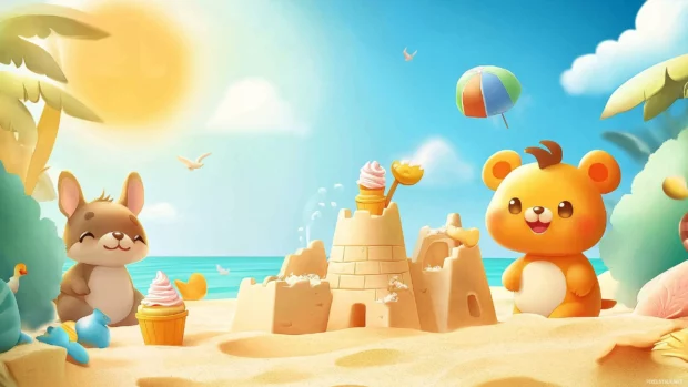 A fun beach scene with adorable cartoon animals building sandcastles and enjoying ice cream under a bright sun.