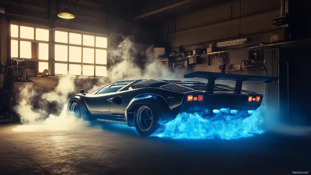 A futuristic Lamborghini Countach in a smoky garage, with vibrant blue fire emanating from its rear exhaust.