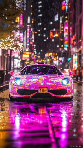 A futuristic car illuminated by glowing neon lights on a rainy city street at night, with reflections on the wet pavement creating an artistic aesthetic.