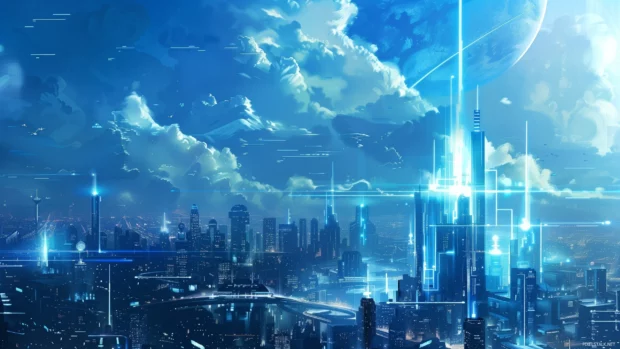 A futuristic cityscape background with neon lights in cool blue.