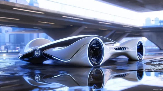 A futuristic cool 3D concept car with sleek lines and glowing accents.