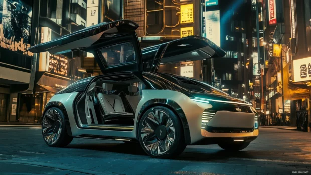 A futuristic electric car with gullwing doors open, parked in a high tech urban setting at night .