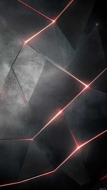 A futuristic geometric pattern with glowing neon lines on a dark gray gradient background.