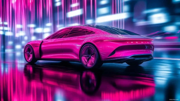 A futuristic pink car with sleek aerodynamic lines.