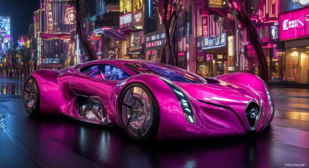 A futuristic pink car with sleek aerodynamic lines, driving through a neon lit cityscape at night.