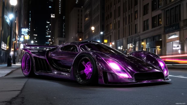 A futuristic purple concept car with glowing neon accents.