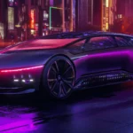 A futuristic purple concept car with glowing neon accents, parked in a dark city street.