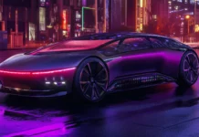 A futuristic purple concept car with glowing neon accents, parked in a dark city street.