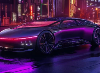 A futuristic purple concept car with glowing neon accents, parked in a dark city street.