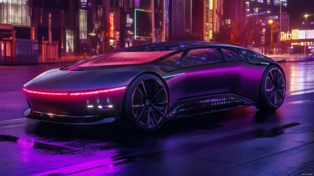 A futuristic purple concept car with glowing neon accents, parked in a dark city street.