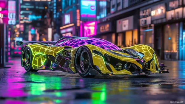 A futuristic sleek car illuminated by neon green and purple lights.