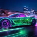 A futuristic sleek car illuminated by neon green and purple lights, reflecting abstract neon patterns on its polished body as it drives through a high tech city at night.