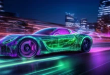 A futuristic sleek car illuminated by neon green and purple lights, reflecting abstract neon patterns on its polished body as it drives through a high tech city at night.