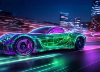 A futuristic sleek car illuminated by neon green and purple lights, reflecting abstract neon patterns on its polished body as it drives through a high tech city at night.