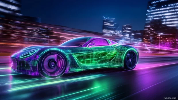 A futuristic sleek car illuminated by neon green and purple lights, reflecting abstract neon patterns on its polished body as it drives through a high tech city at night.