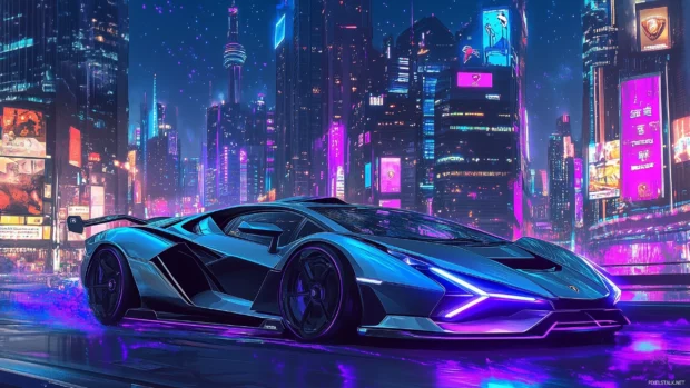 A galaxy Lamborghini speeding through a futuristic cityscape, reflecting glowing purple and blue cosmic lights.