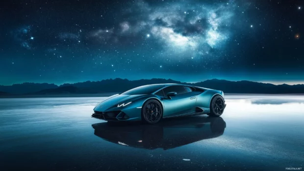 A galaxy themed Lamborghini on a sleek black runway, with the reflection of a swirling nebula above.