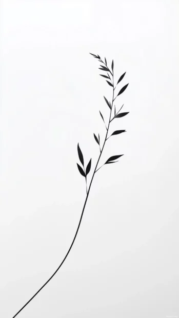 A gentle illustration of a flower stem with a few leaves, outlined in soft black on a white background.