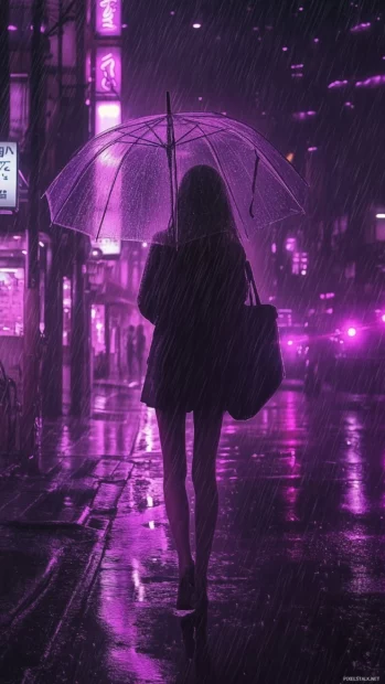 A girl holding a transparent umbrella in the rain on a quiet city street at night, neon lights reflecting on the wet pavement.