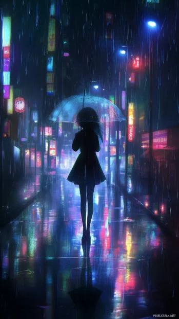 A girl holding a transparent umbrella in the rain on a quiet city street at night, neon lights reflecting on the wet pavement, soft glow illuminating her silhouette.