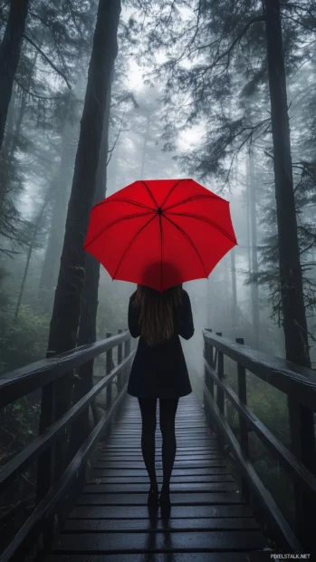 A girl standing in the rain under a red umbrella on a bridge overlooking a misty forest, soft raindrops creating ripples in the water below.