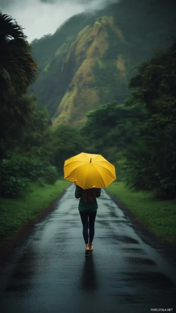 A girl walking alone in the rain with a yellow umbrella on a scenic countryside road, misty mountains in the distance, lush greenery surrounding the path.