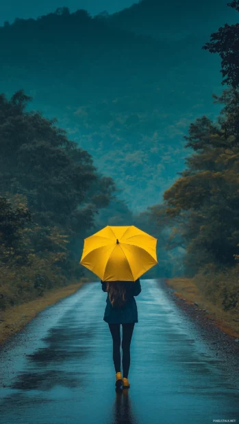 A girl walking alone in the rain with a yellow umbrella on a scenic countryside road, misty mountains in the distance, lush greenery surrounding the path.