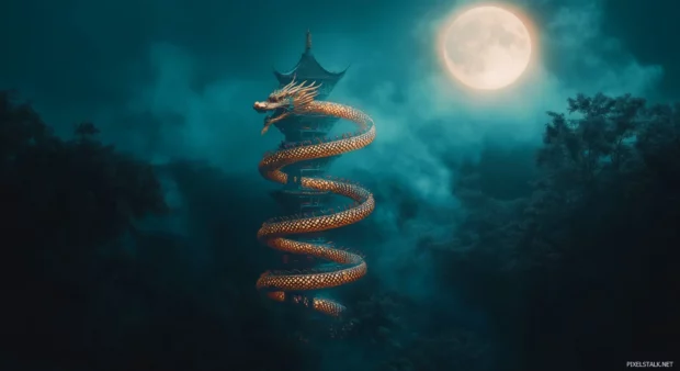 A glowing Chinese Dragon wrapped around a towering pagoda.