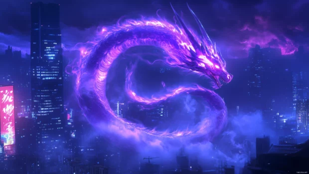 A glowing dragon made of mist and smoke, curling through a futuristic city skyline at night, neon lights reflecting off its ethereal form.