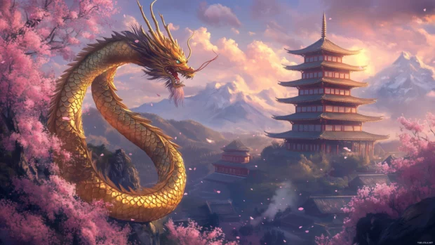 A golden Japanese dragon wrapped around a tall pagoda, the ancient building standing firm amidst cherry blossom trees.