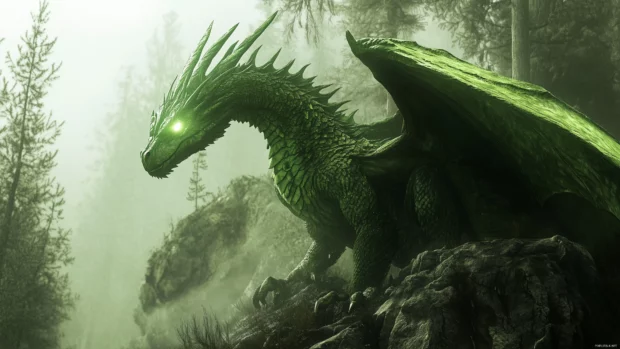 A green forest dragon camouflaged among towering trees, its eyes glowing and wings blending seamlessly with the foliage.