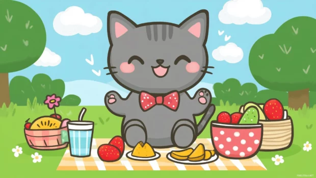 A happy Kawaii cat wearing a tiny bow tie, sitting at a picnic with cute snacks and drinks.