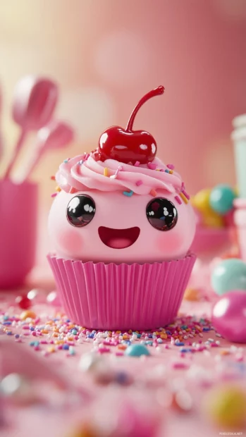 A happy pink Kawaii cupcake wallpaper.