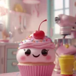 A happy pink Kawaii cupcake with big eyes and a cherry on top.