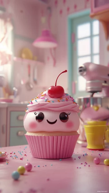 A happy pink Kawaii cupcake with big eyes and a cherry on top.