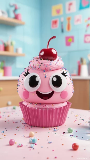 A happy pink Kawaii cupcake with big eyes and a cherry on top.