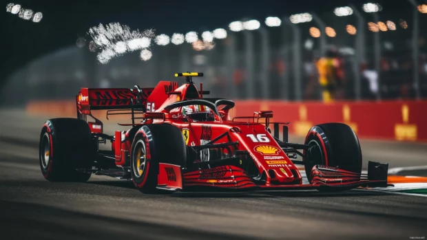 A high speed F1 car coming out of a sharp turn with the racetrack stretching into the distance.