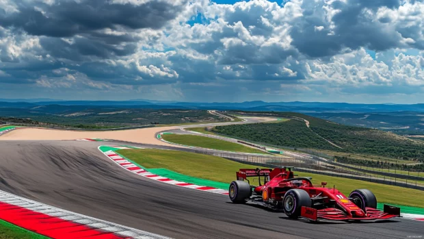 A high speed F1 car coming out of a sharp turn with the racetrack stretching into the distance, under bright floodlights.