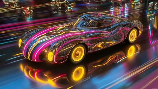 A high speed sleek car with neon yellow and pink lights.