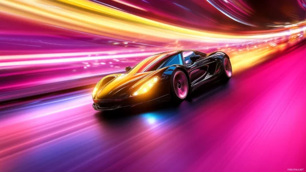 A high speed sleek car with neon yellow and pink lights, reflecting dynamic patterns on its smooth surface.