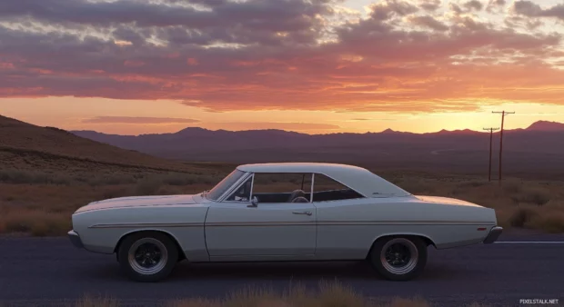 A hyper realistic 3D render of a vintage muscle car parked on a desert highway.