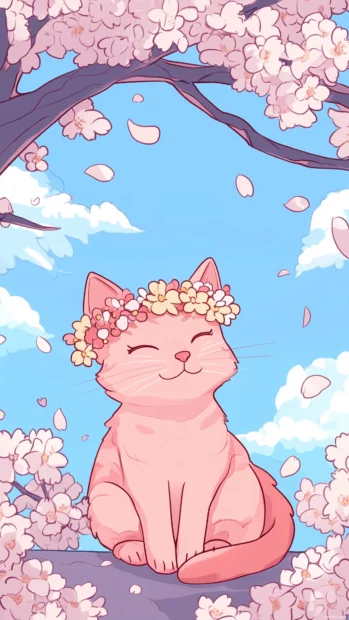 A joyful pink Kawaii cat wearing a flower crown.