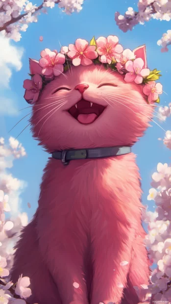 A joyful pink Kawaii cat wearing a flower crown, sitting among blooming cherry blossoms under a bright blue sky.