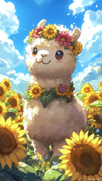 A kawaii alpaca wearing a flower crown.