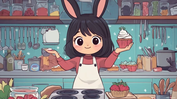 A kawaii bunny baking cupcakes in a cozy kitchen, surrounded by ingredients and happy kitchen utensils.